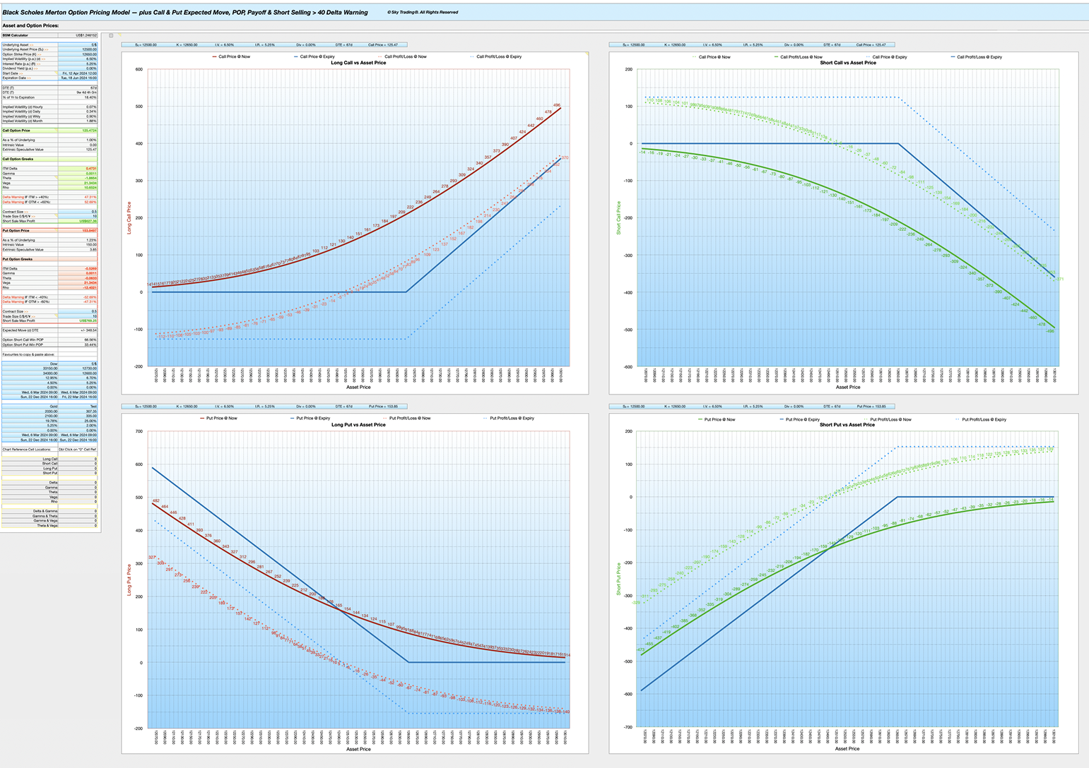 BSM Option Pricer Calculator 4 Charts